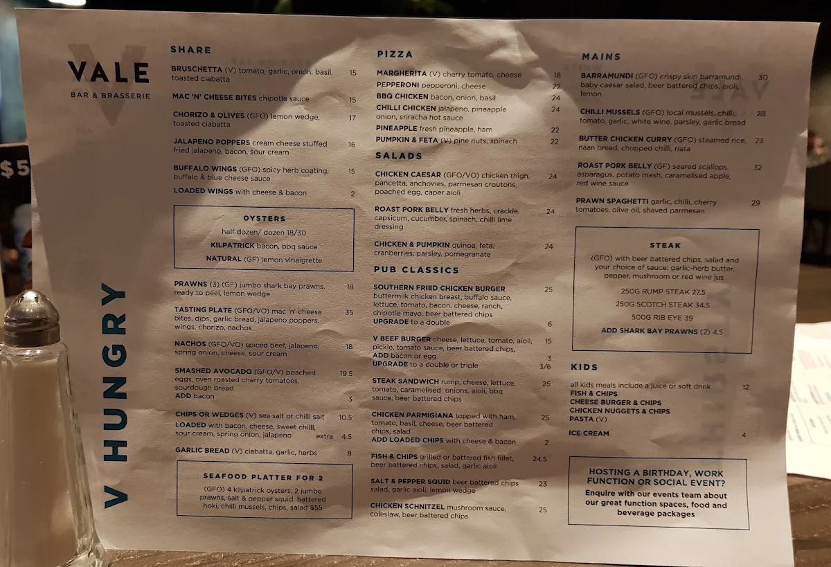 Menu, The Vale Bar & Brasserie