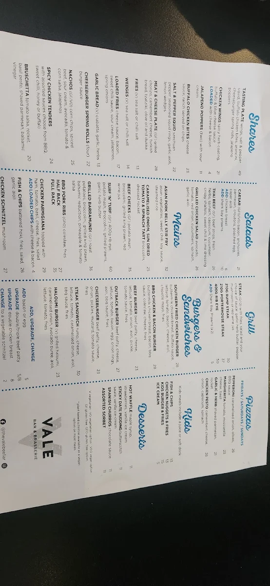 Menu, The Vale Bar & Brasserie