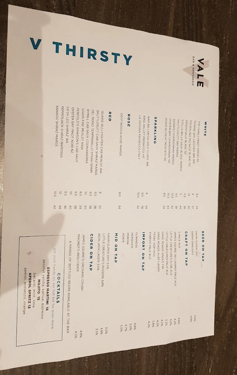 Menu, The Vale Bar & Brasserie