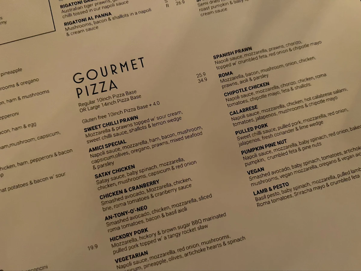 Menu, Amici Restaurant & Pizzeria
