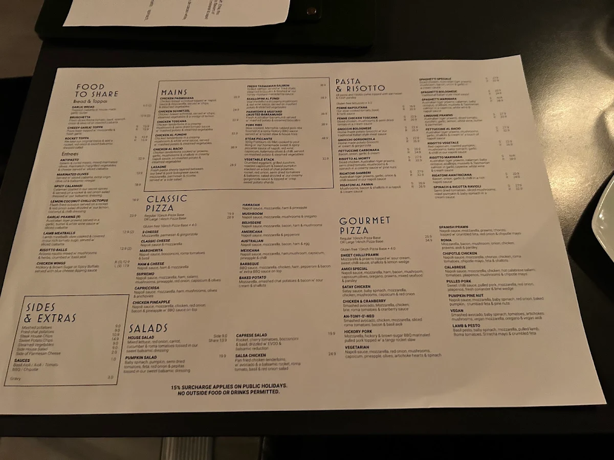 Menu, Amici Restaurant & Pizzeria