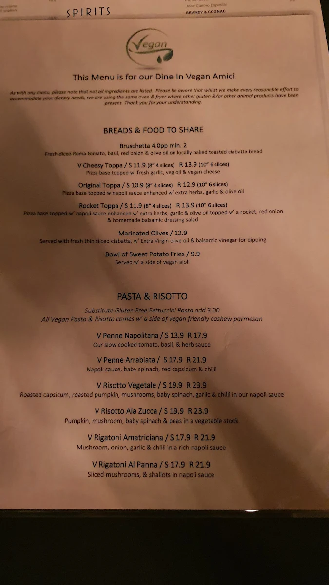 Menu, Amici Restaurant & Pizzeria