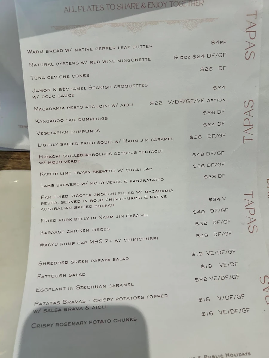Menu, Jasper's Long Jetty