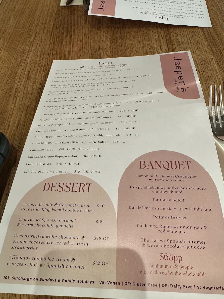 Menu, Jasper's Long Jetty