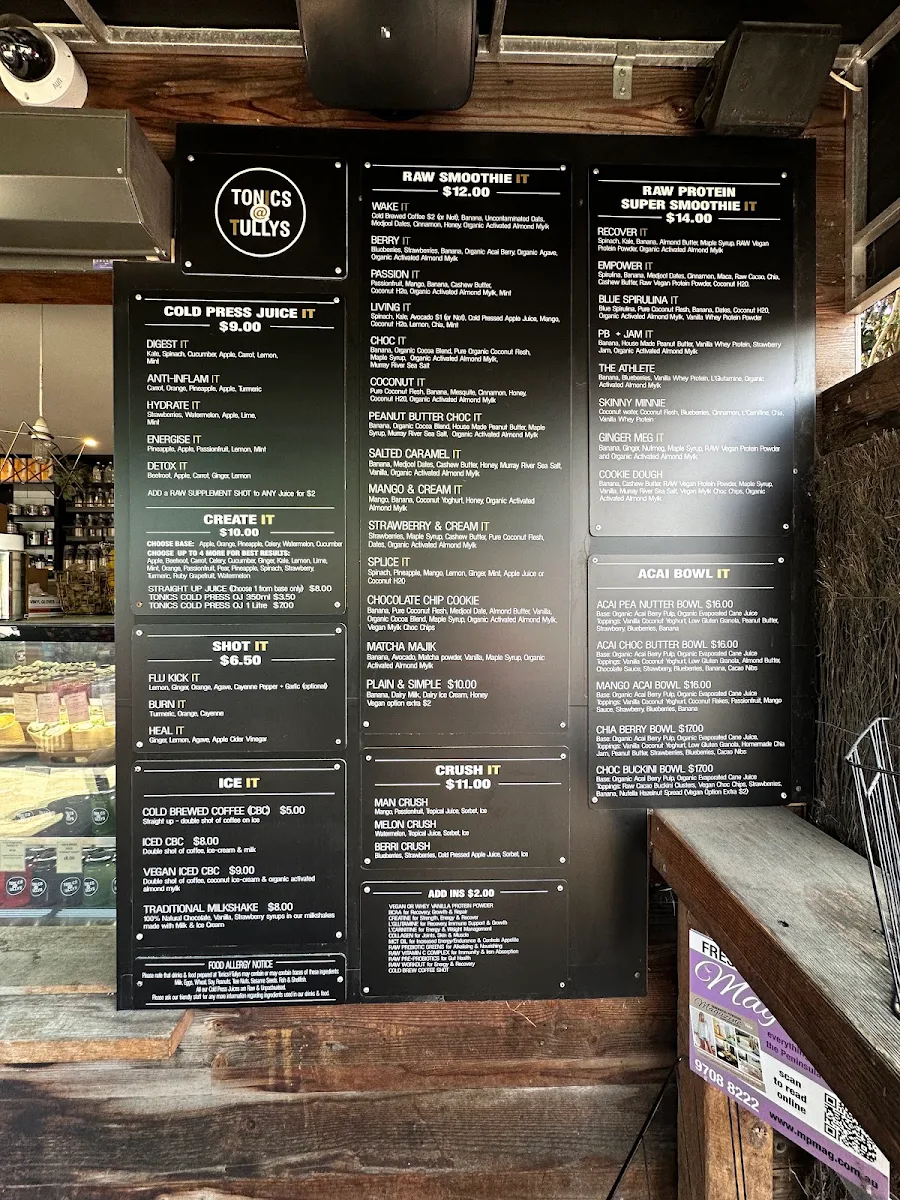 Menu, Tonics@Tullys Juice Bar