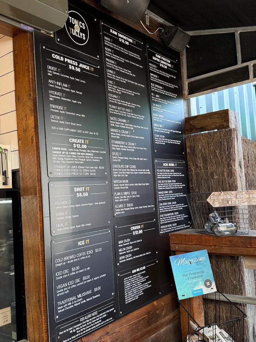 Menu, Tonics@Tullys Juice Bar
