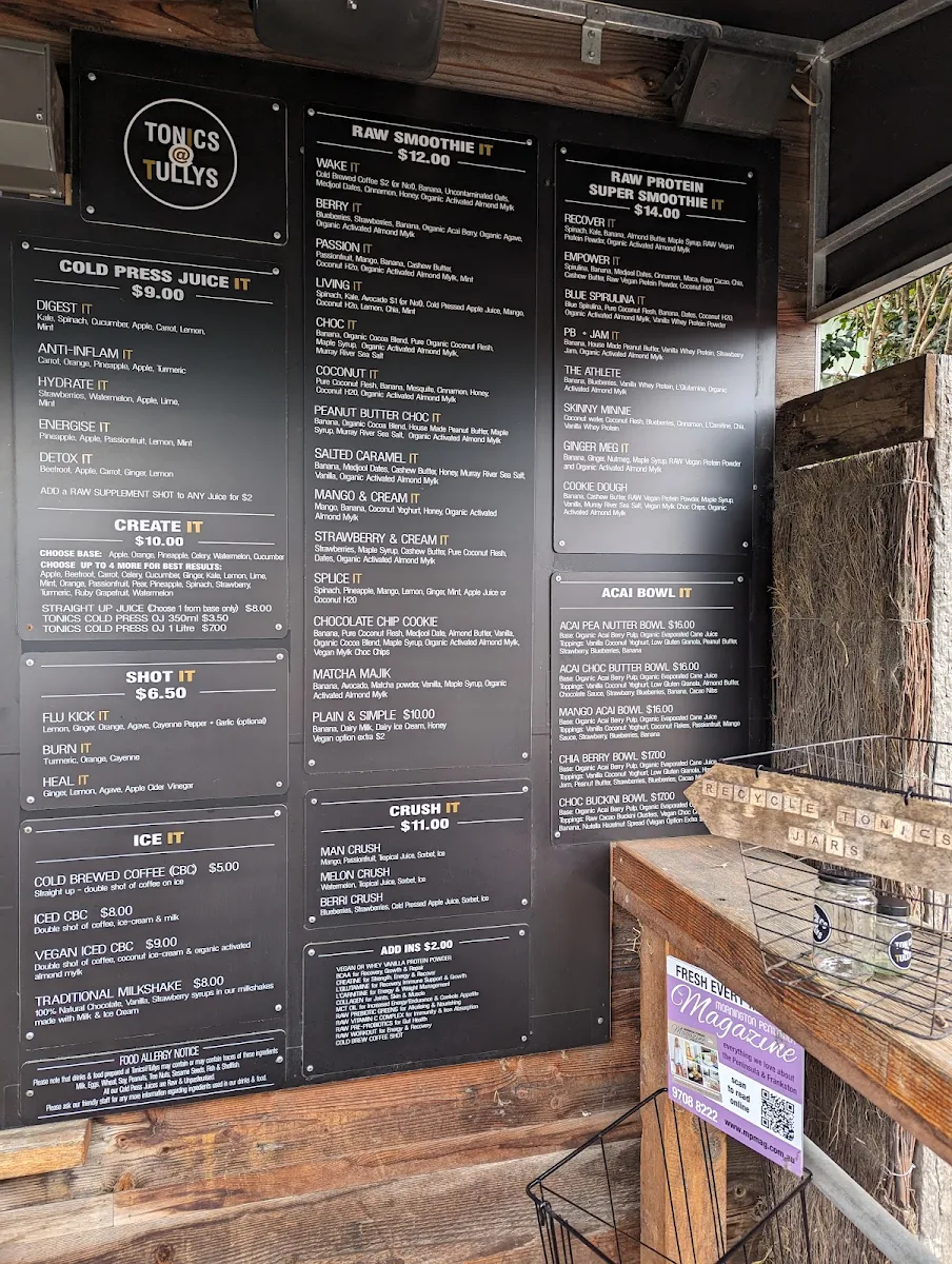 Menu, Tonics@Tullys Juice Bar