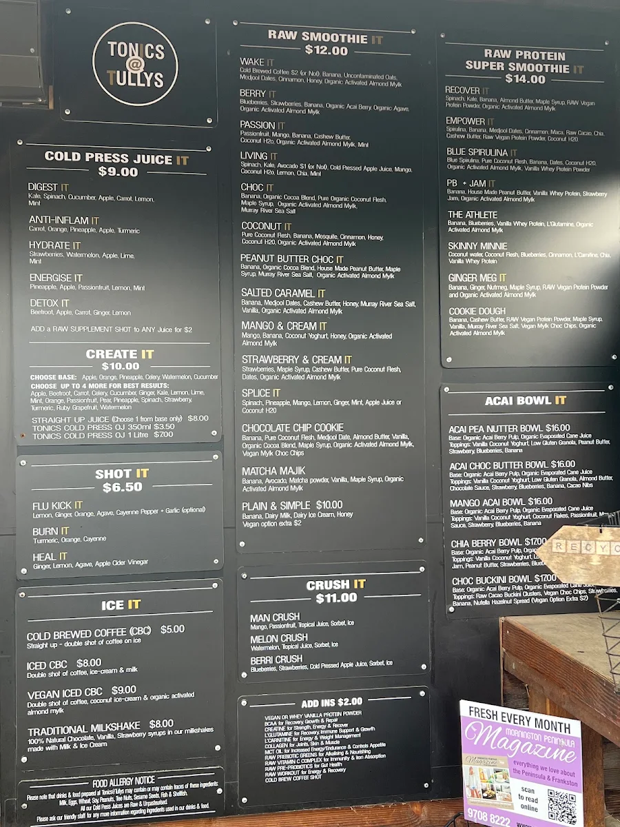 Menu, Tonics@Tullys Juice Bar