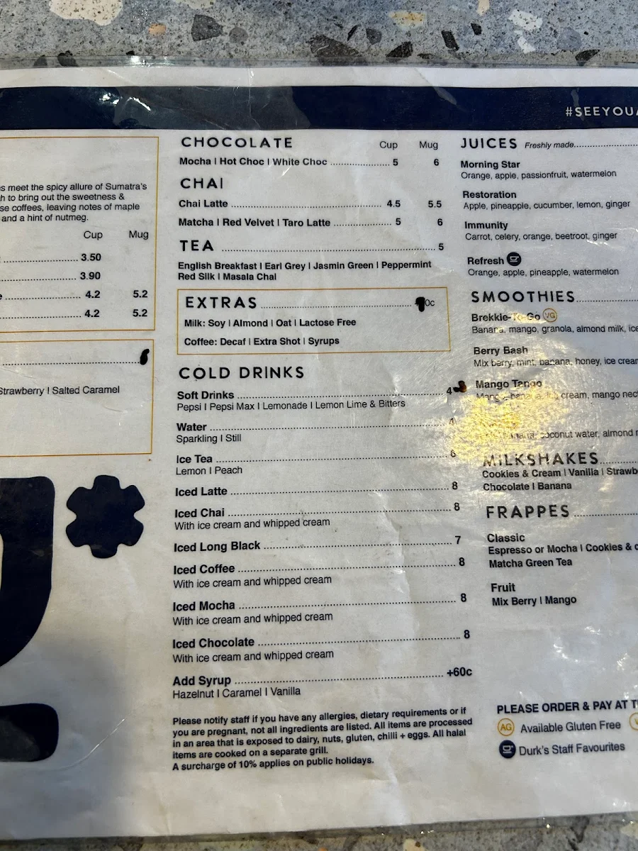 Menu, Durk's Cafe + Eatery Box Hill