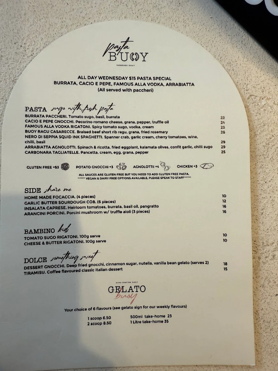 Menu, Pasta Buoy