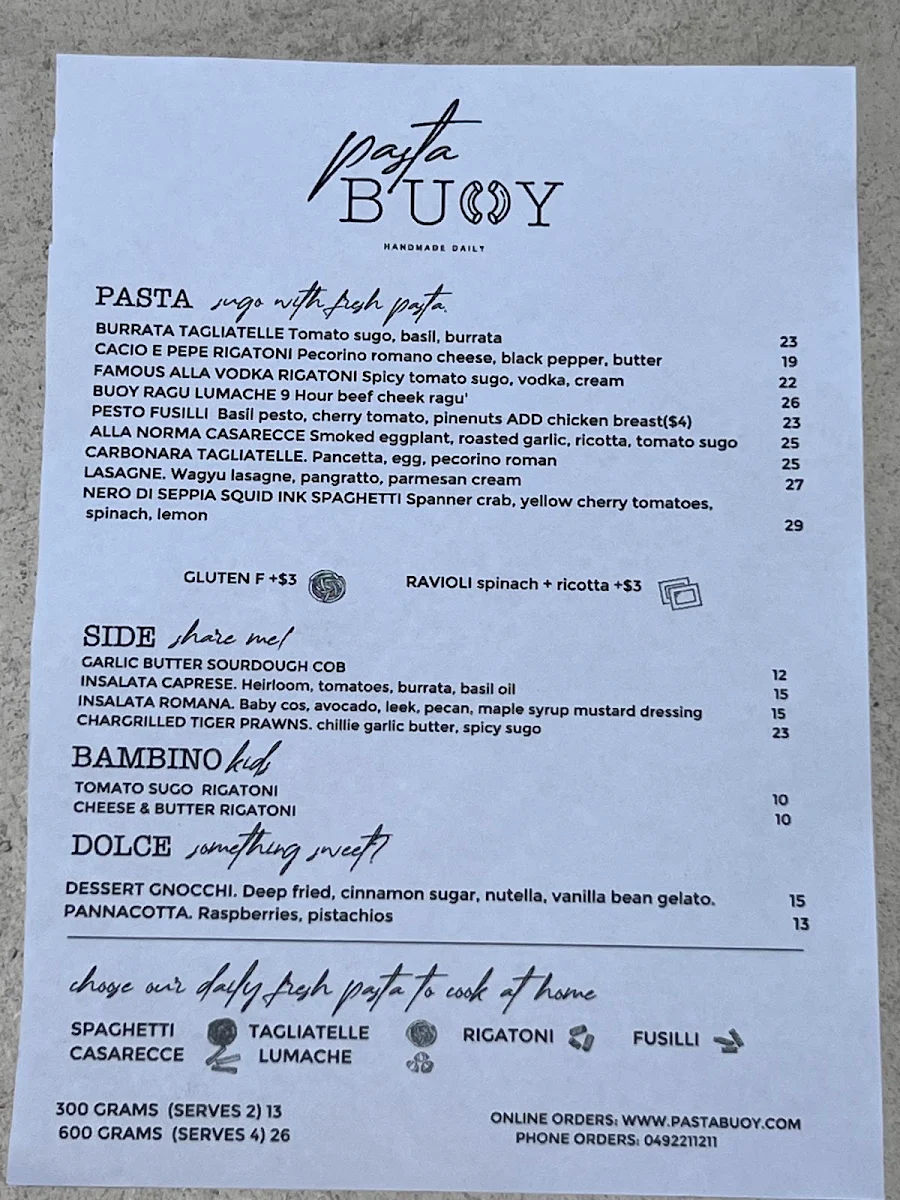 Menu, Pasta Buoy