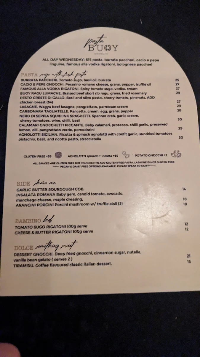 Menu, Pasta Buoy