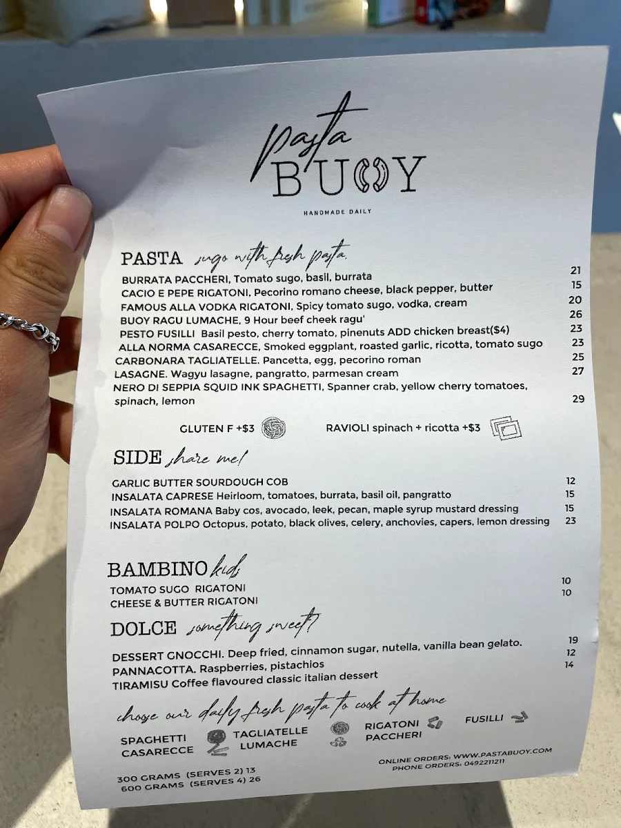 Menu, Pasta Buoy