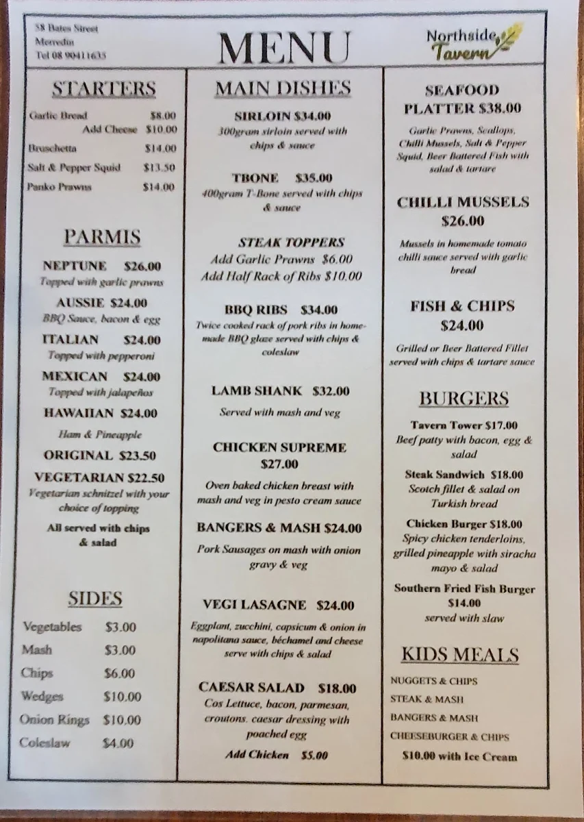 Menu, Northside Tavern Merredin