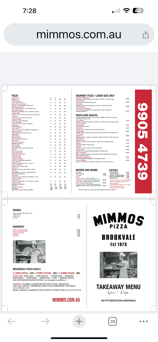 Menu, Mimmos Pizza Brookvale