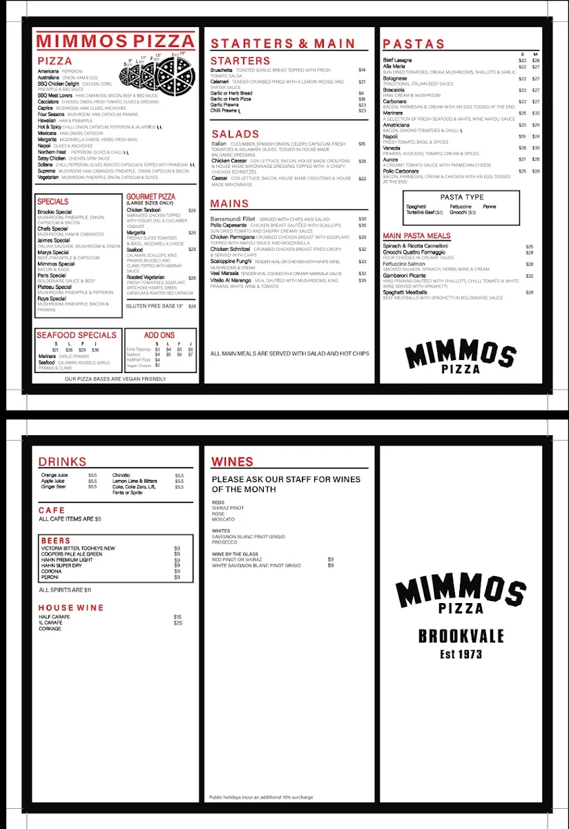 Menu, Mimmos Pizza Brookvale