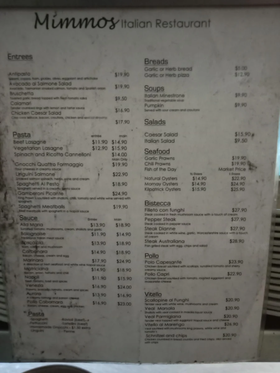 Menu, Mimmos Pizza Brookvale