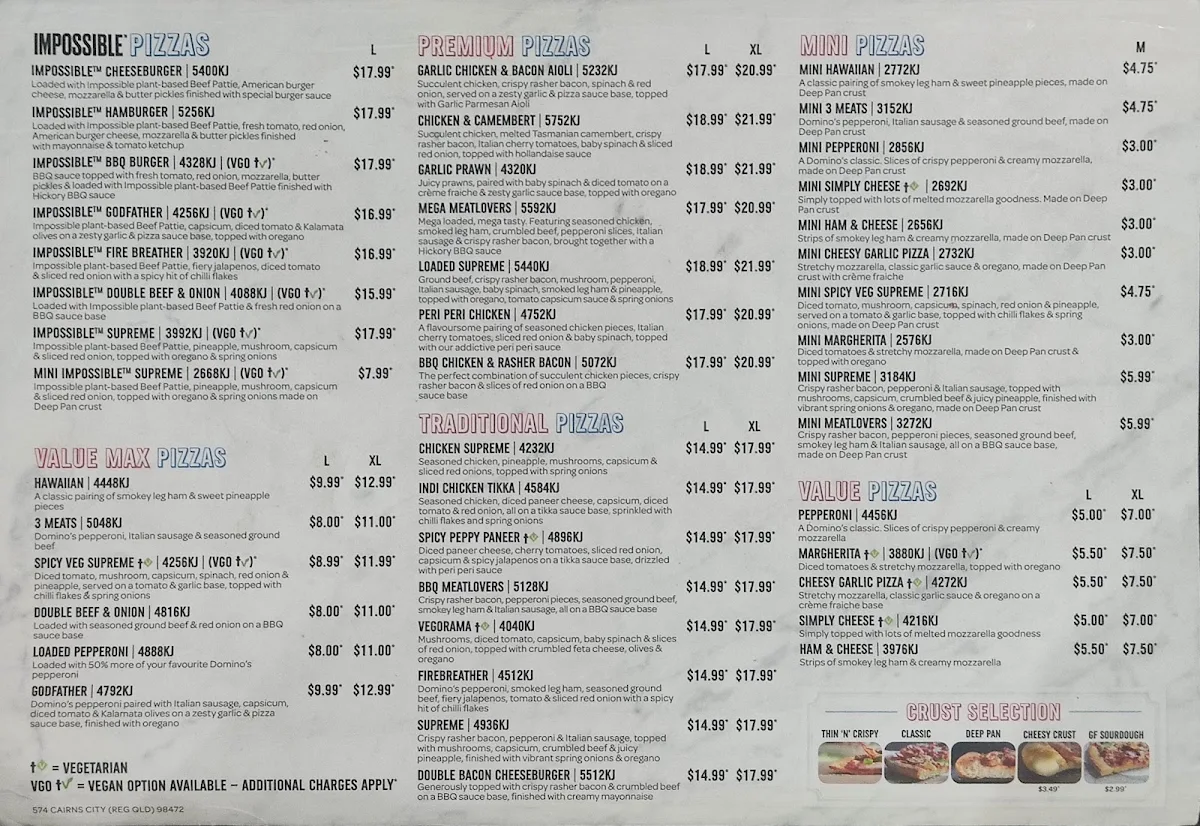 Menu, Domino's Pizza Cairns City