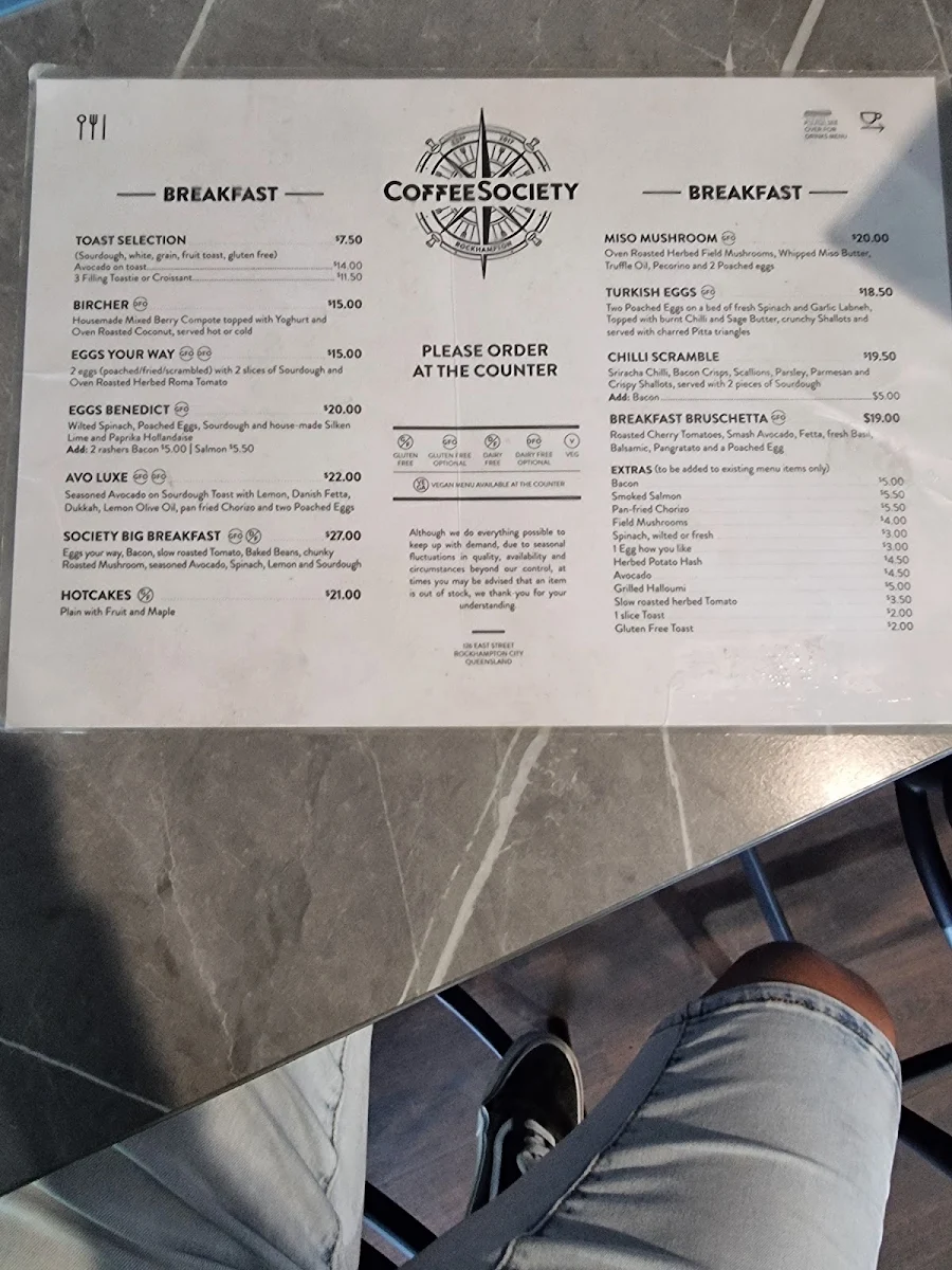 Menu, Coffee Society Rockhampton