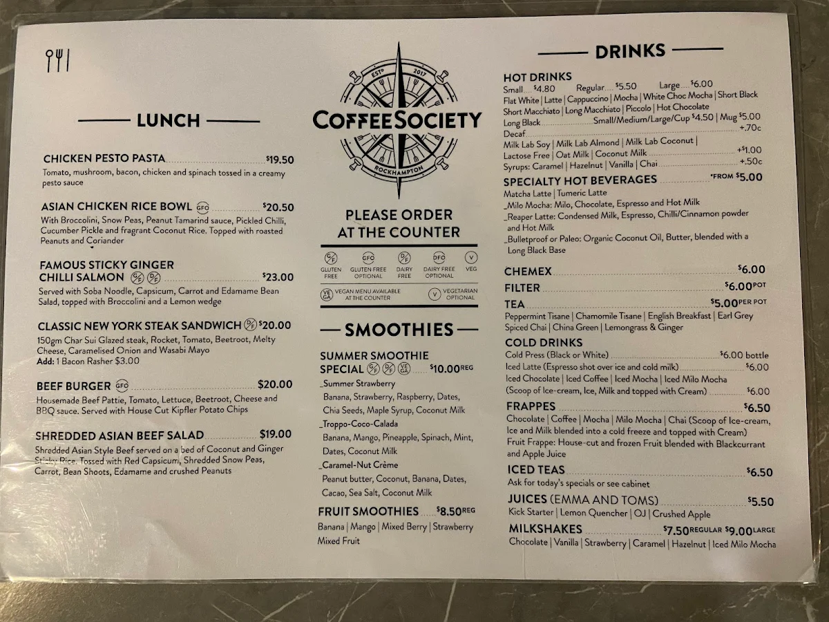 Menu, Coffee Society Rockhampton