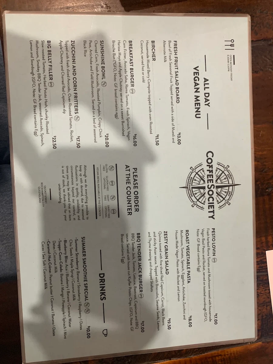 Menu, Coffee Society Rockhampton
