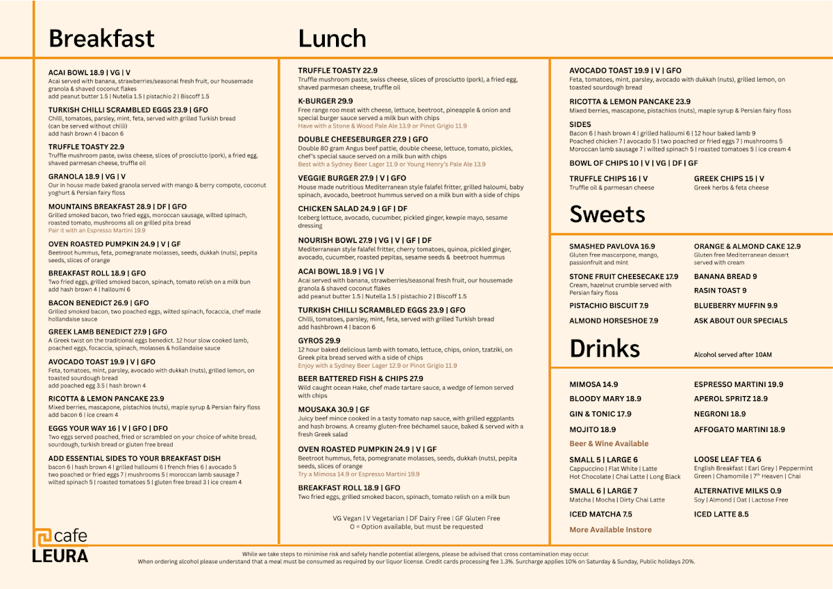 Menu, Café Leura - Modern Australian Cafe Restaurant