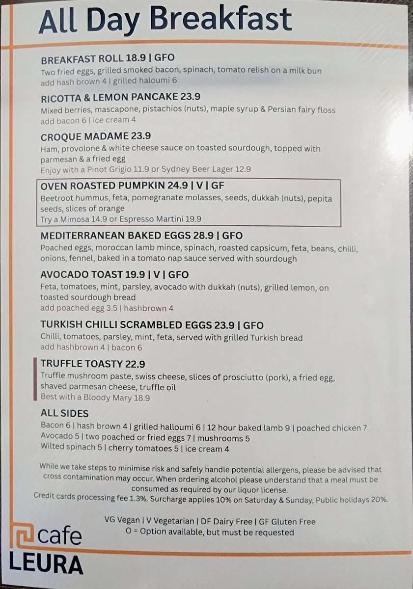 Menu, Café Leura - Modern Australian Cafe Restaurant