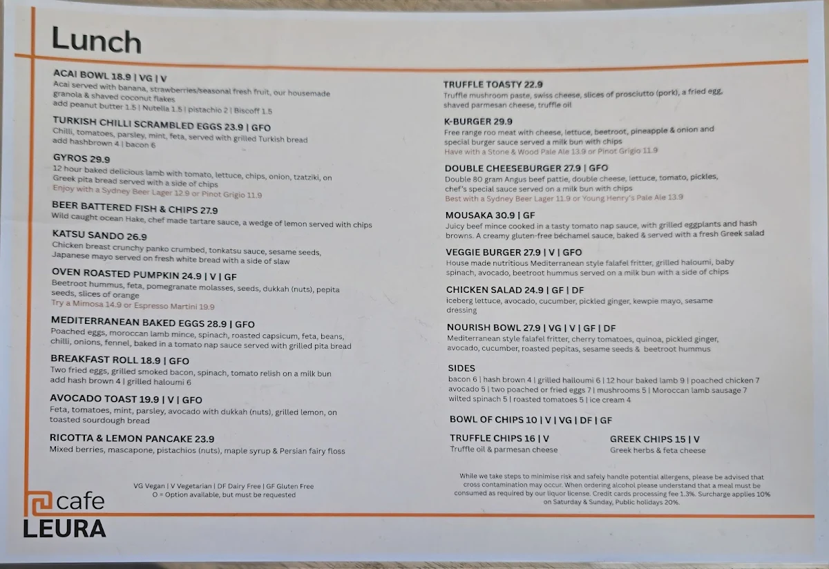 Menu, Café Leura - Modern Australian Cafe Restaurant