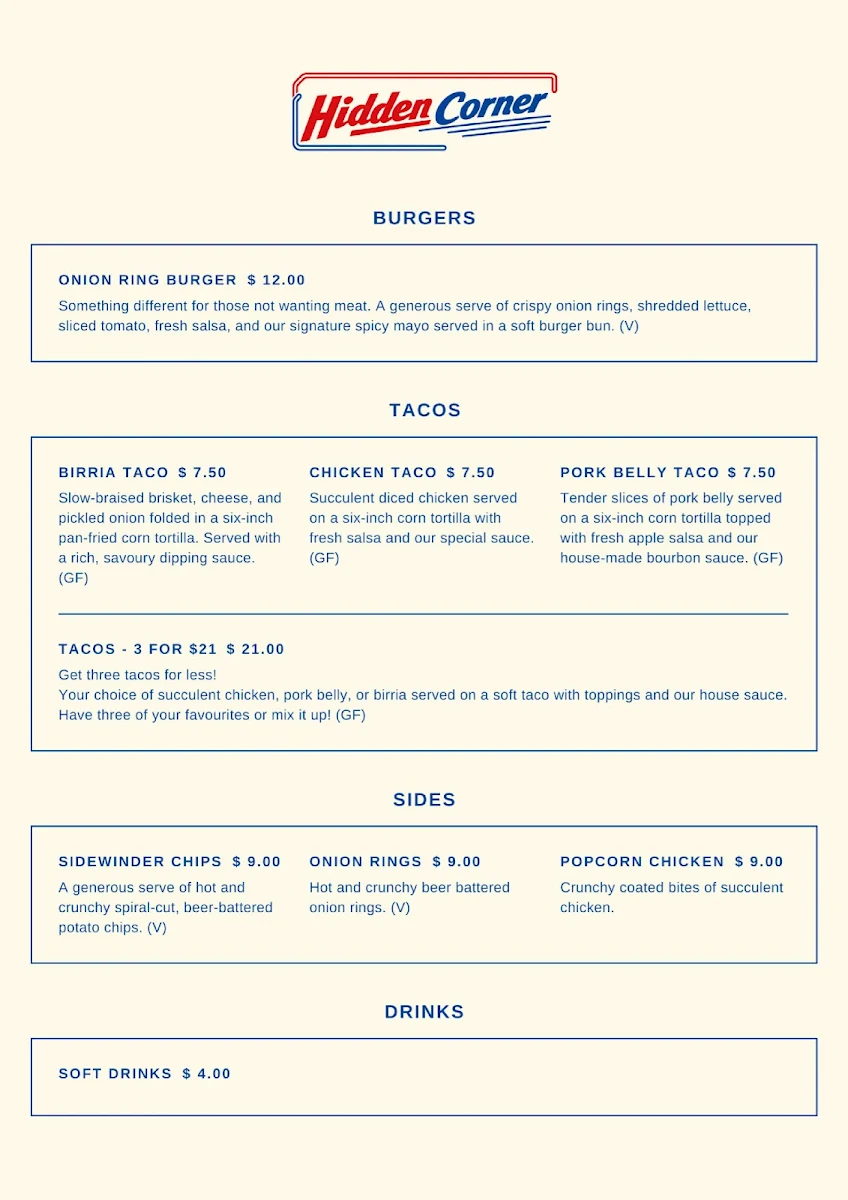 Menu, Hidden Corner