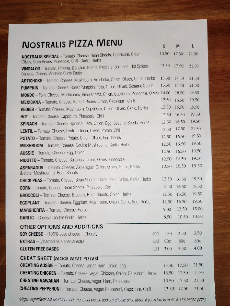 Menu, Nostralis Wholemeal Vegetarian & Vegan Pızza
