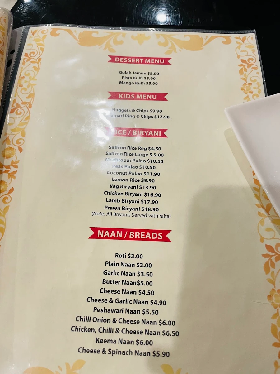 Menu, Shahi Mahal Indian Restaurant