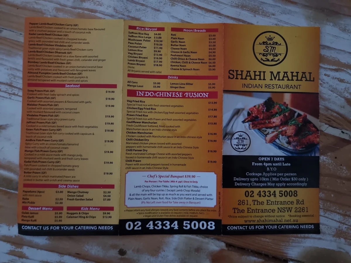 Menu, Shahi Mahal Indian Restaurant