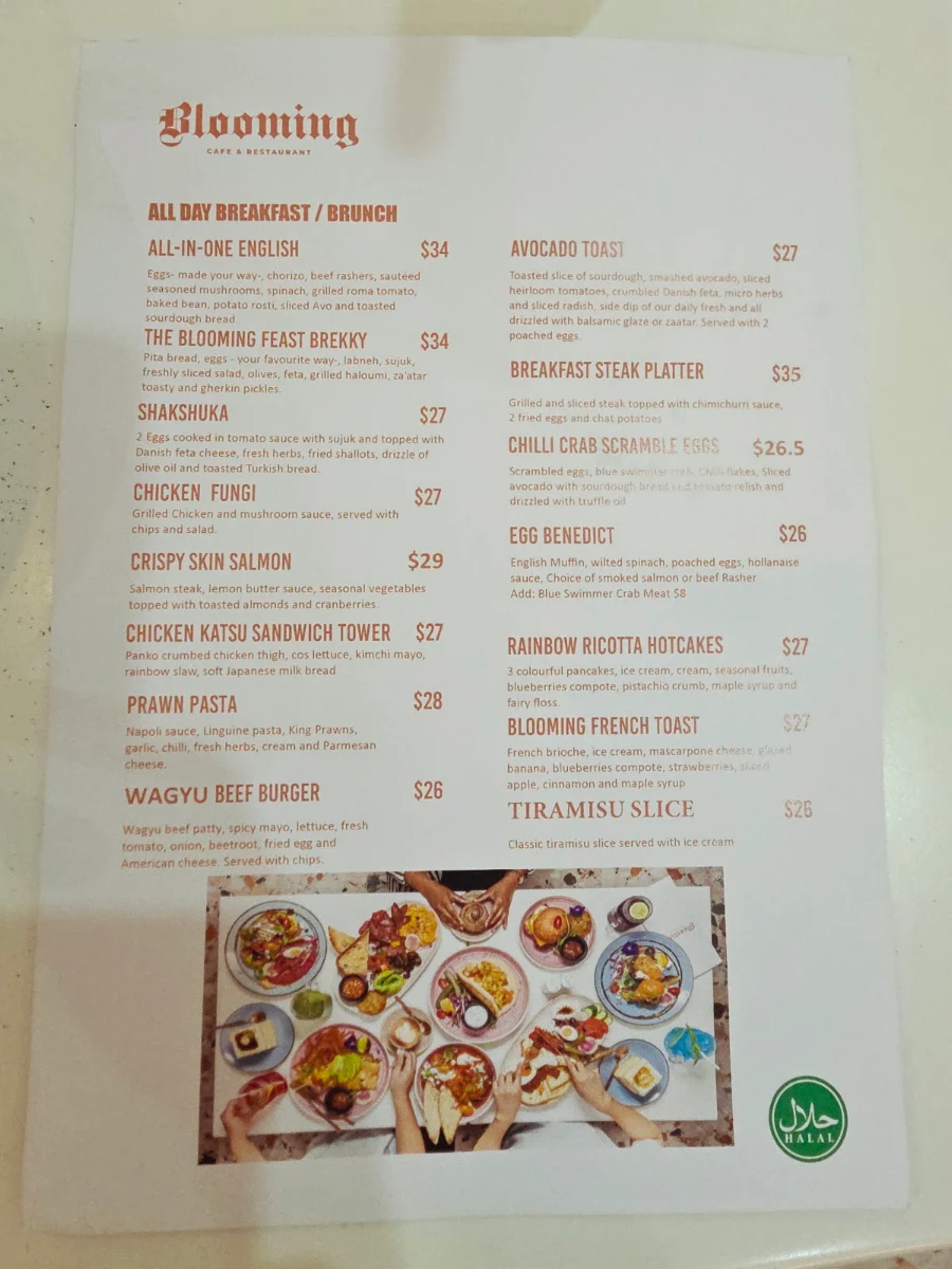 Menu, Blooming Cafe and Restaurant