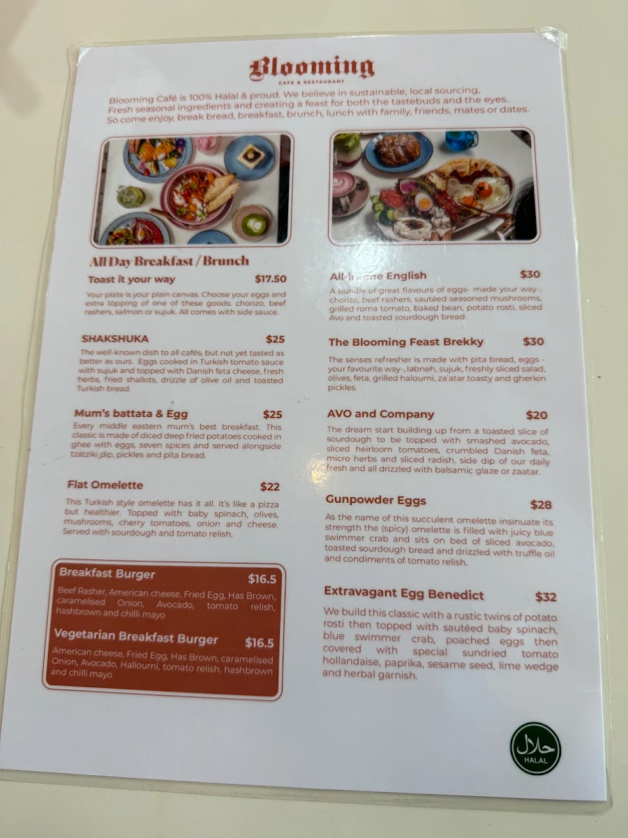 Menu, Blooming Cafe and Restaurant