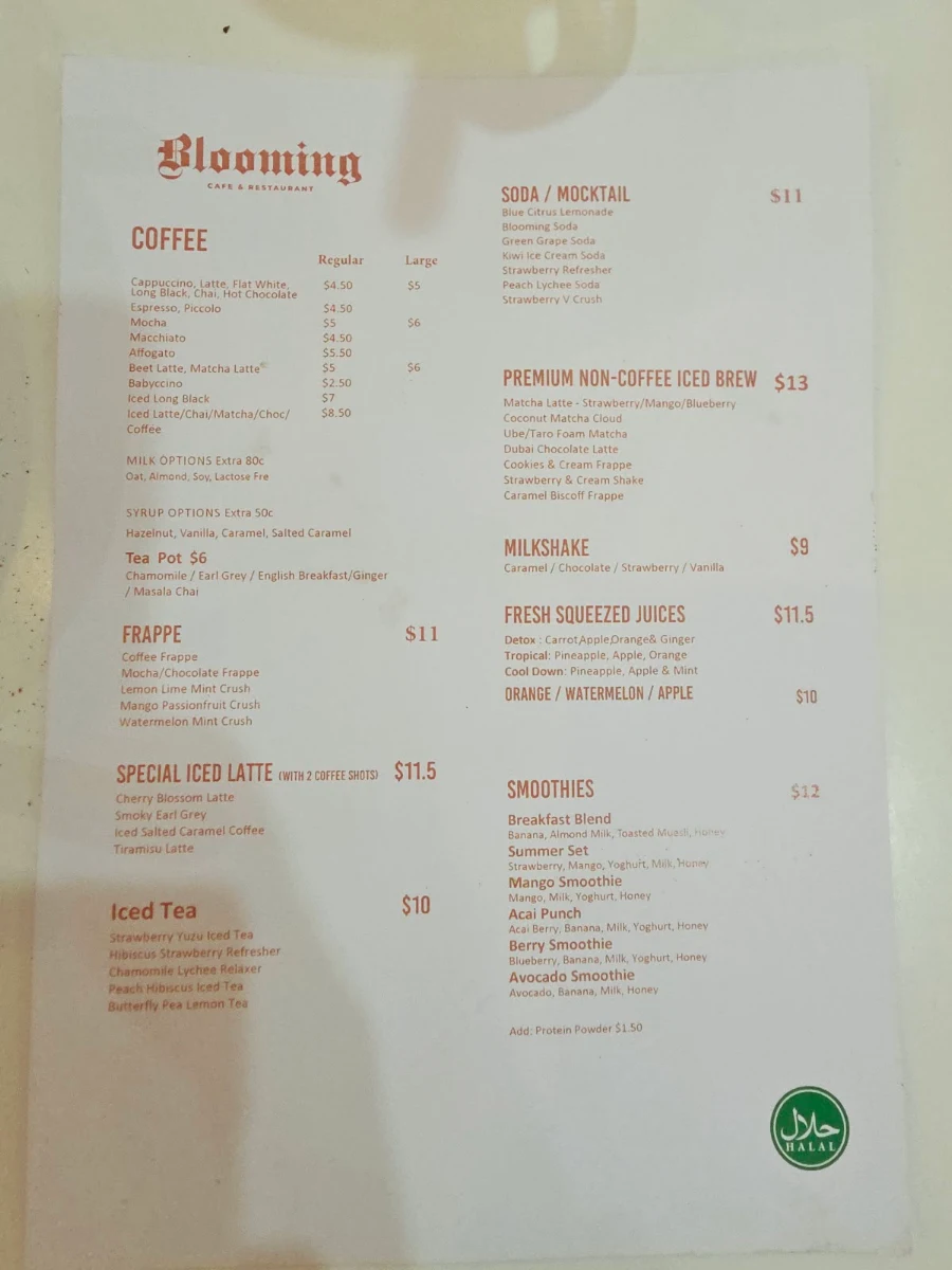 Menu, Blooming Cafe and Restaurant