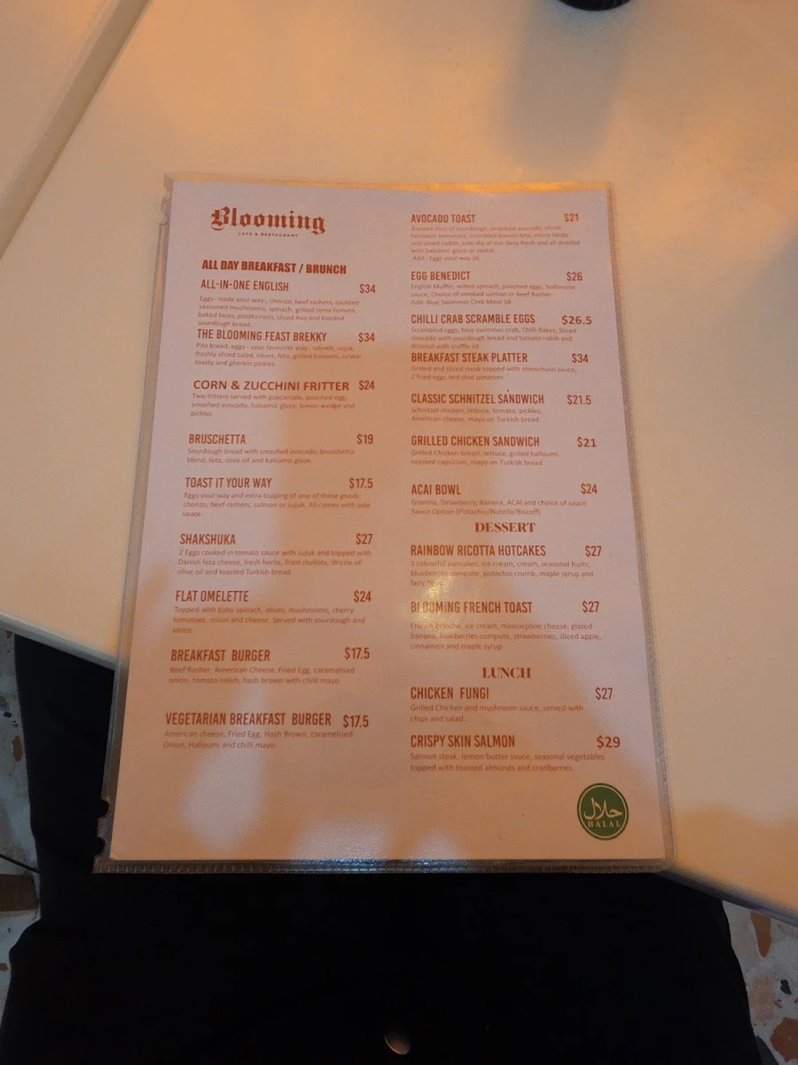 Menu, Blooming Cafe and Restaurant