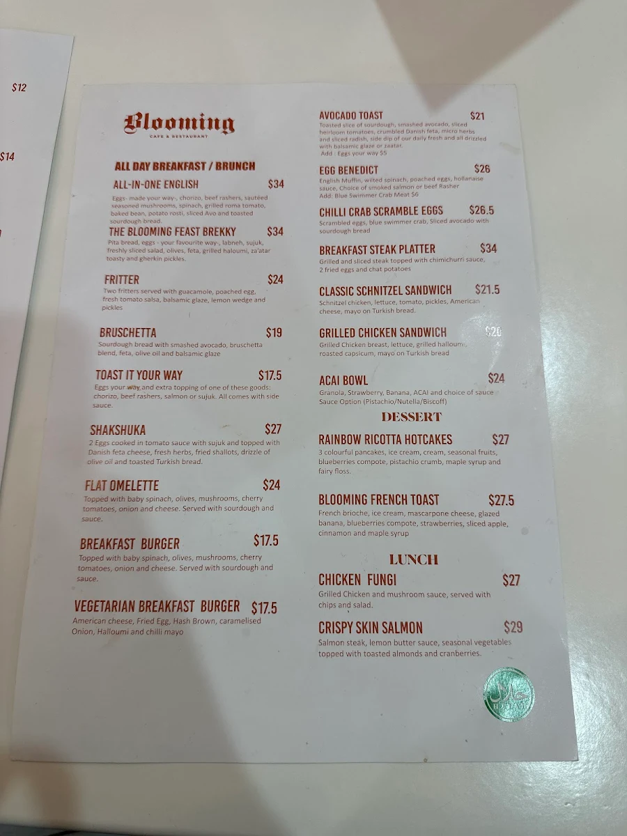 Menu, Blooming Cafe and Restaurant