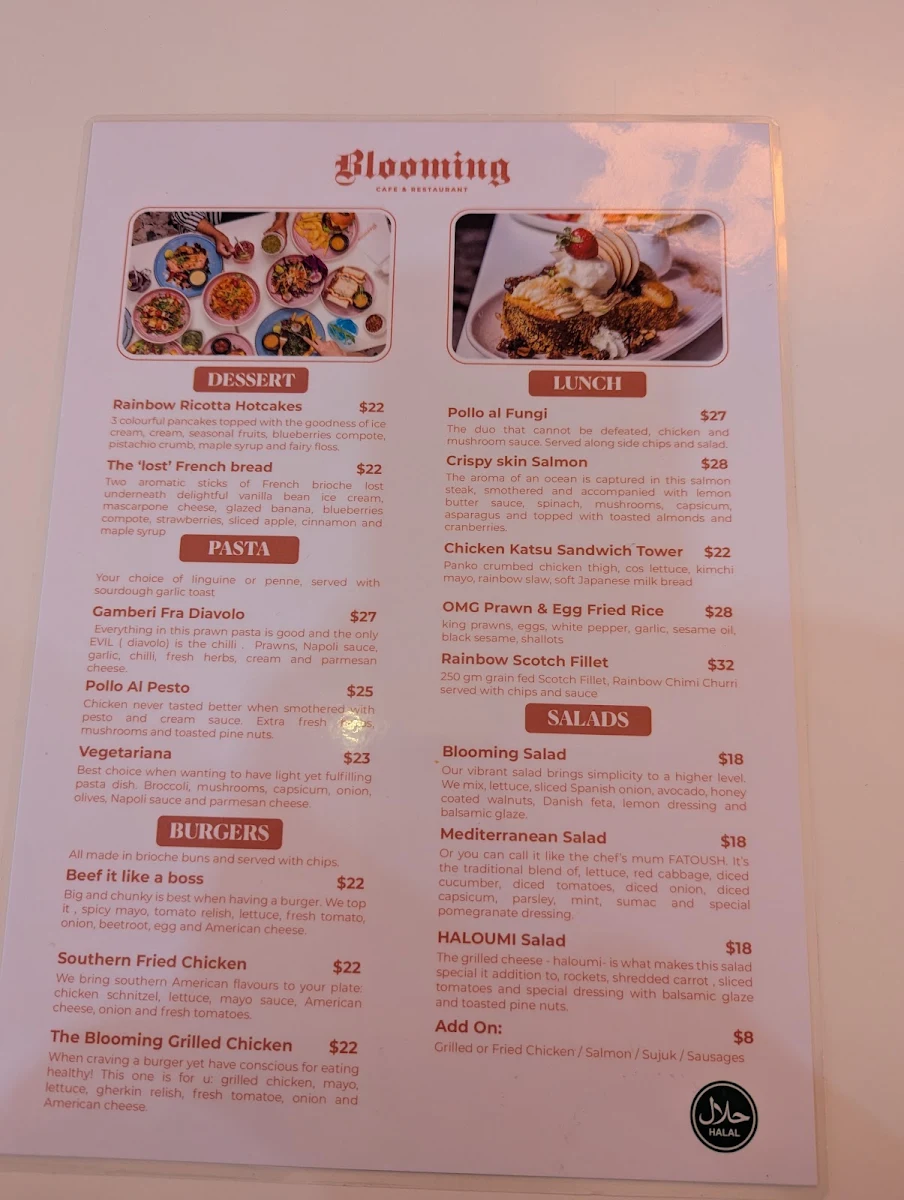 Menu, Blooming Cafe and Restaurant