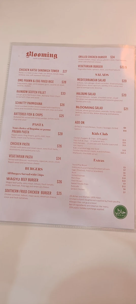Menu, Blooming Cafe and Restaurant