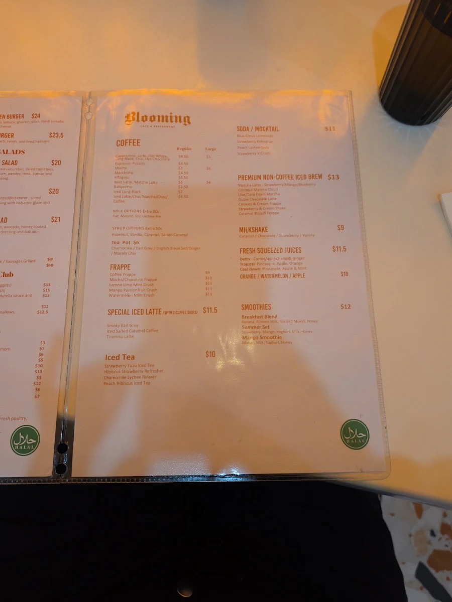 Menu, Blooming Cafe and Restaurant