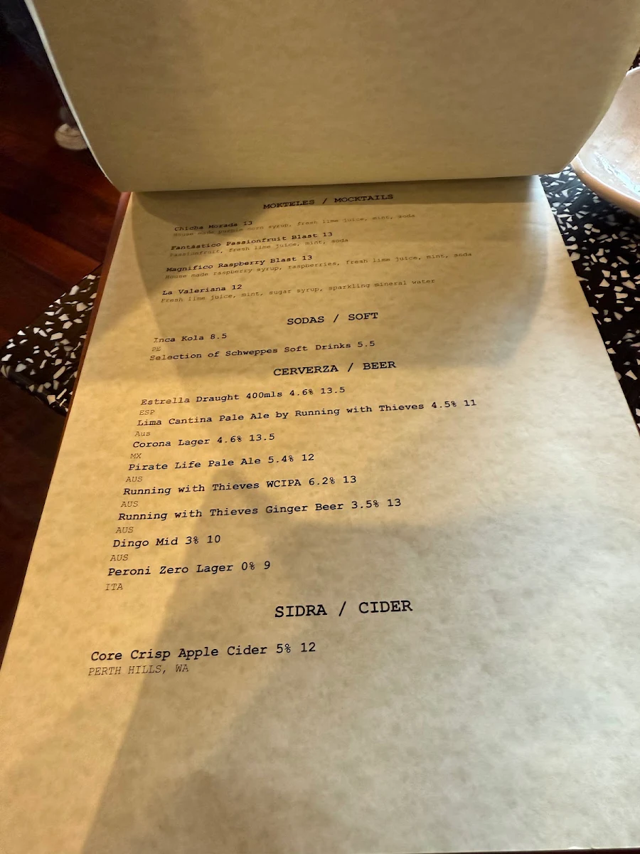 Menu, Lima Cantina