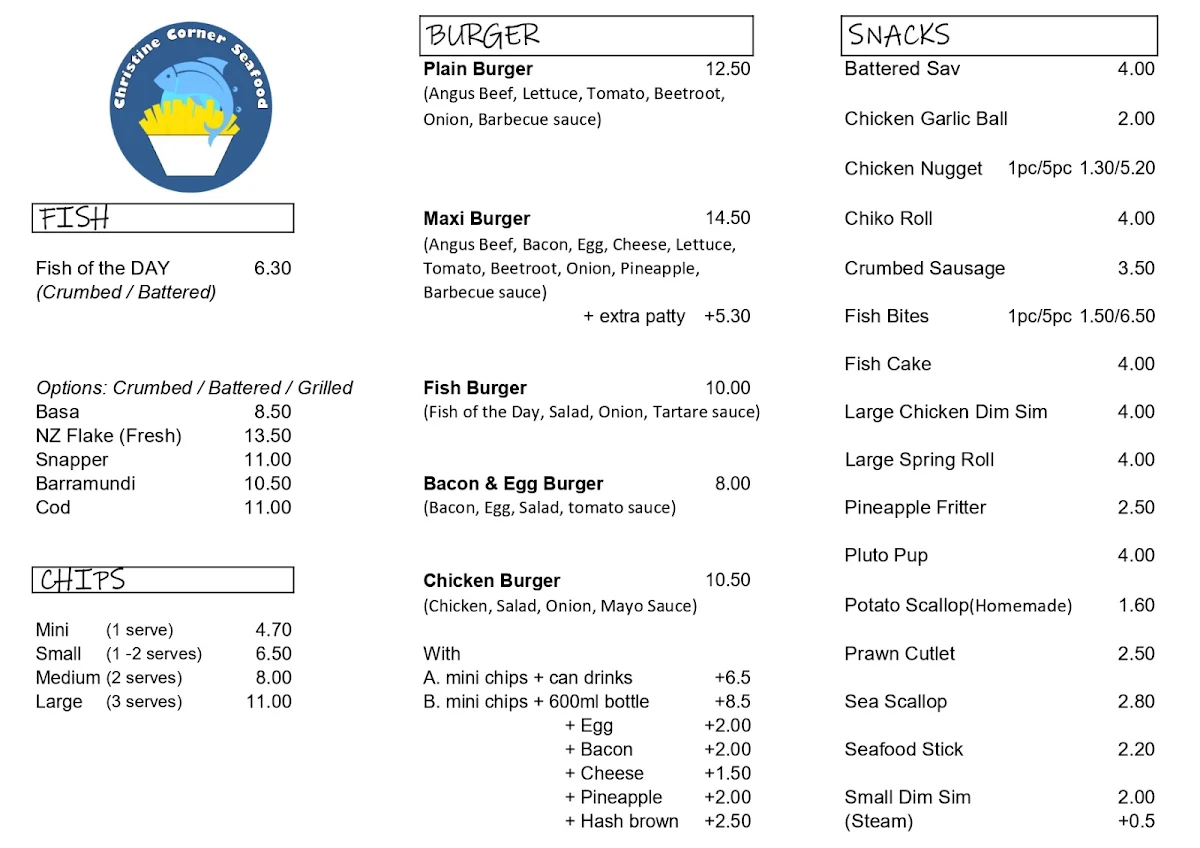 Menu, Christine Corner Seafood