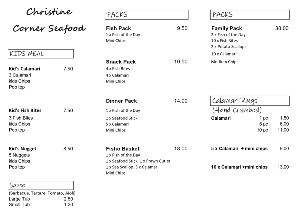 Menu, Christine Corner Seafood