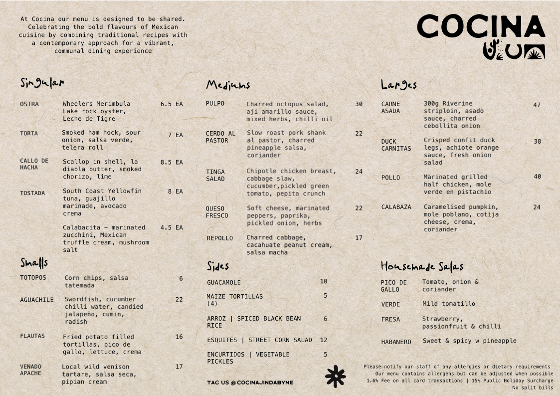 Menu, Cocina