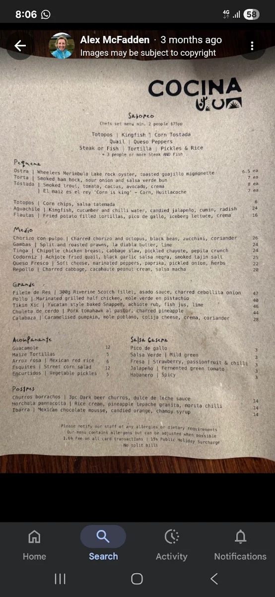 Menu, Cocina