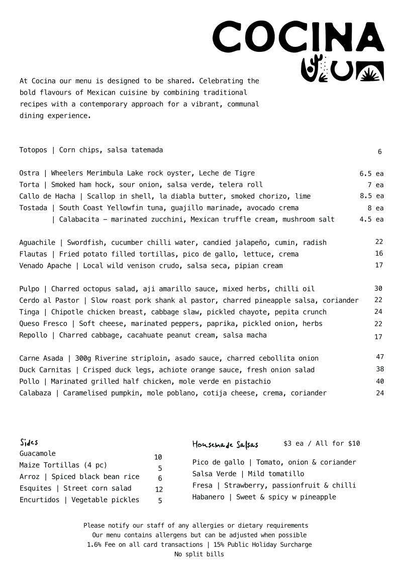 Menu, Cocina