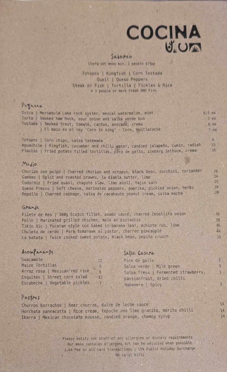 Menu, Cocina