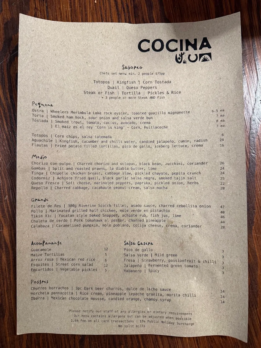 Menu, Cocina