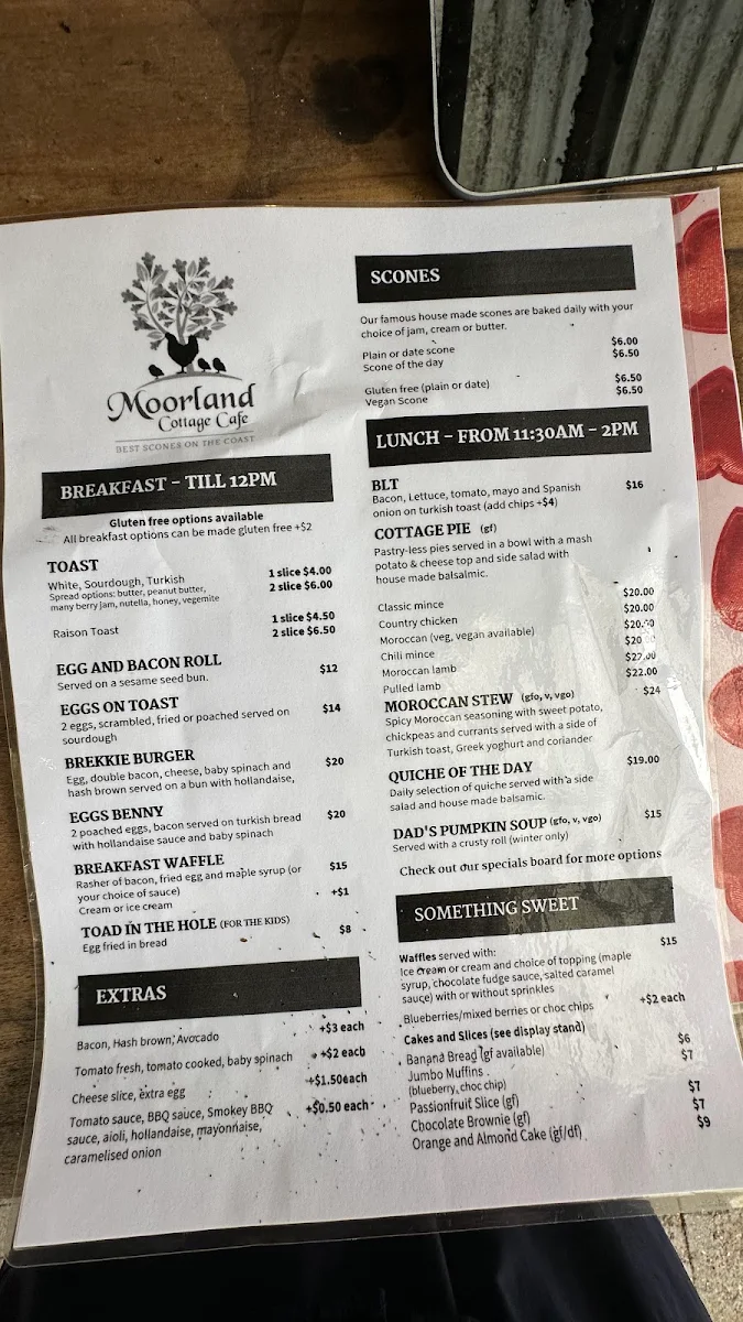 Menu, Moorland Cottage Cafe - Best Scones On The Coast