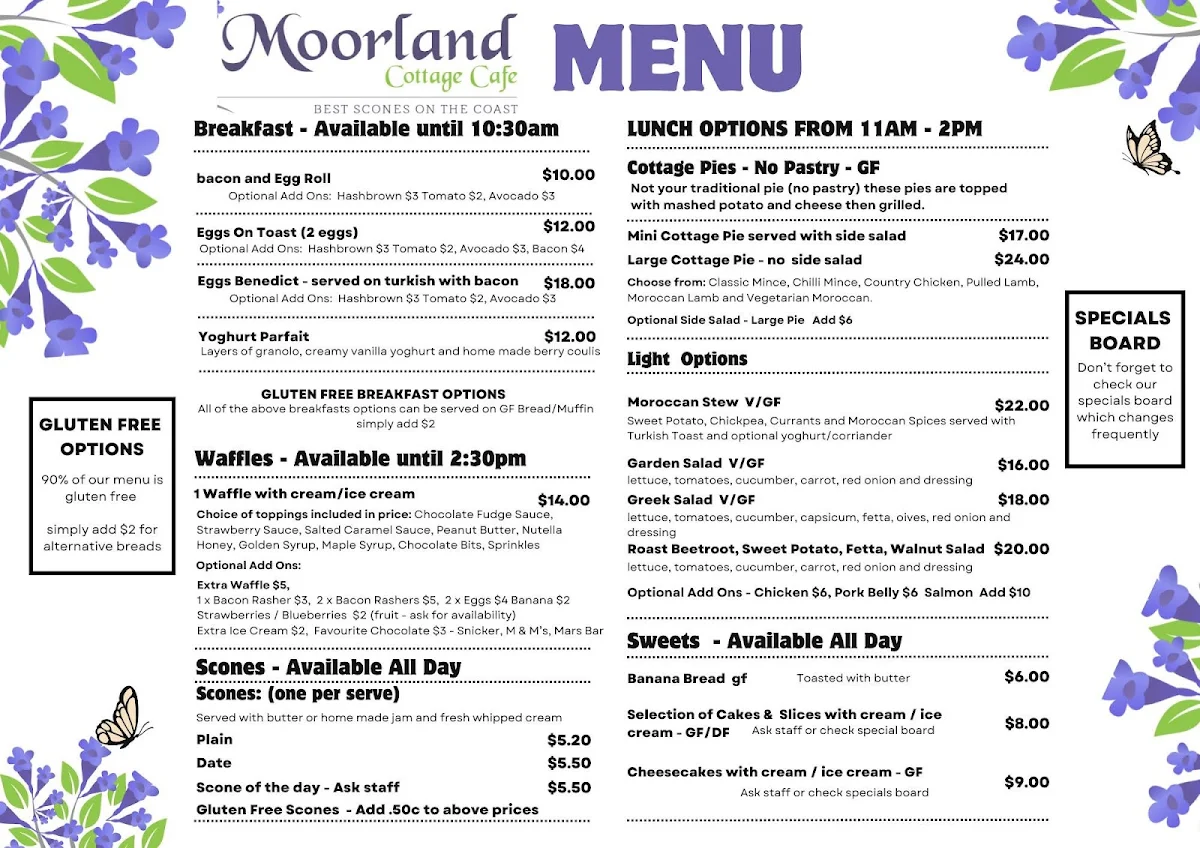 Menu, Moorland Cottage Cafe - Best Scones On The Coast